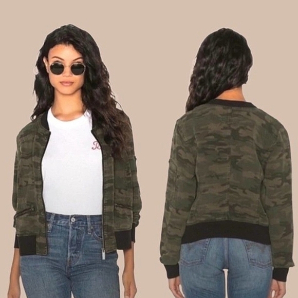 Anthropology Sanctuary Camo Bomber Jacket Zipper Pockets Black Trim Women's M - Picture 14 of 14